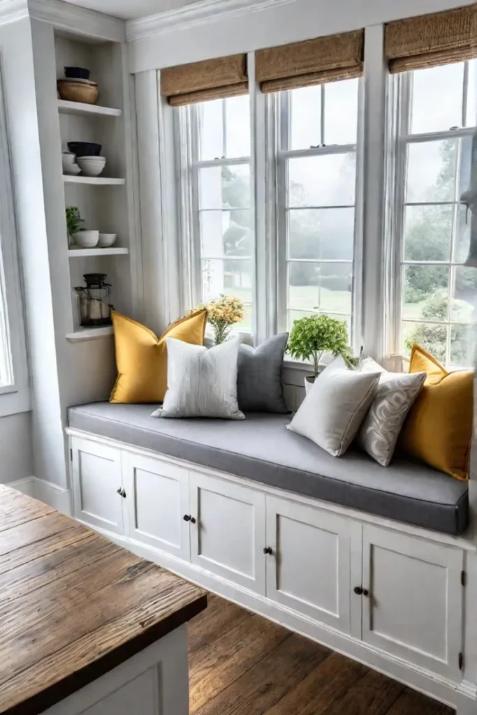 This spacious and light-filled window seat perfectly captures the warmth of modern farmhouse design while offering exceptional utility. Built beneath a row of tall, classic windows, this long bench functions beautifully as cozy extra seating for a dining area or a sun-drenched spot to unwind.

The design masterfully balances clean, white cabinetry with rich natural textures, pops of sunny color, and extensive hidden storage, making it both highly practical and visually stunning.