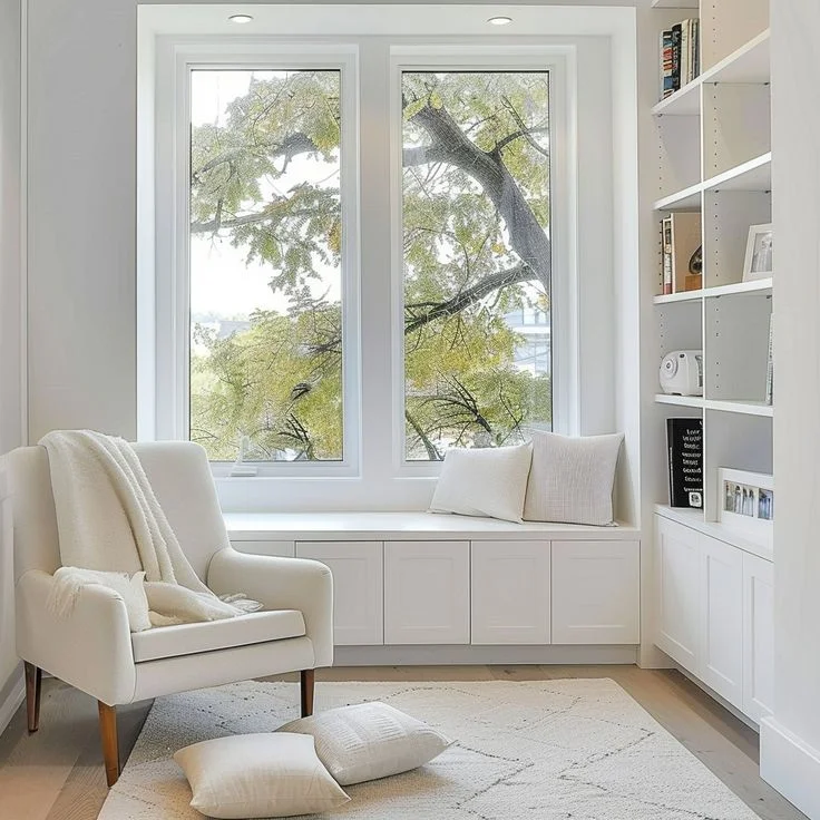 This ultra-modern window seat is a masterclass in minimalist design, creating a calm and clutter-free sanctuary. Flanked by a floor-to-ceiling built-in bookcase, the alcove features a sleek, seamless white storage bench positioned beneath two large, picture-frame windows.

With a monochromatic palette of whites, creams, and soft greys, the space relies on rich textures—like woven blankets, plush rugs, and soft fabrics—to feel incredibly warm, inviting, and peaceful, all while letting the vibrant green foliage outside serve as the main pop of color.