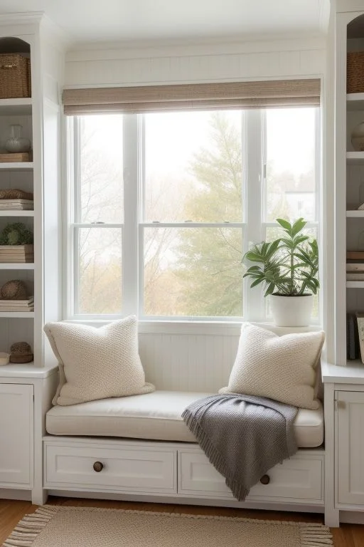 This picture-perfect window seat showcases a masterclass in classic, transitional design, combining clean architectural lines with cozy, organic textures. Nestled between a symmetrical pair of custom floor-to-ceiling bookcases, this bright alcove maximizes both storage and style.

The soft, warm neutral color scheme creates an incredibly calming atmosphere, while a beautifully placed potted plant on the windowsill and a woven Roman shade draw the eye toward the peaceful view of the outdoors.