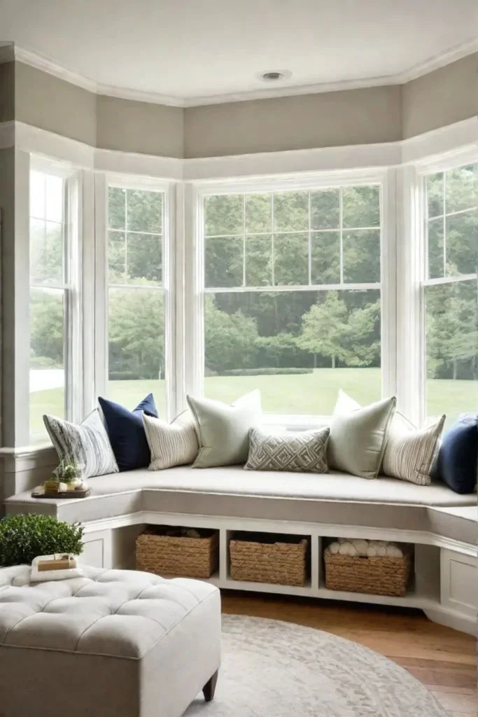 This expansive, custom-built bay window seat is a beautiful showcase of transitional style, offering a massive footprint for lounging, reading, or enjoying panoramic views of the outdoors. Framed by a series of tall, elegant double-hung windows, the curved bench hugs the architecture of the room to create a dramatic yet deeply inviting focal point.

By combining clean white woodwork with deep navy accents and warm woven textures, this sun-drenched alcove strikes the perfect balance between coastal sophistication and practical everyday living.