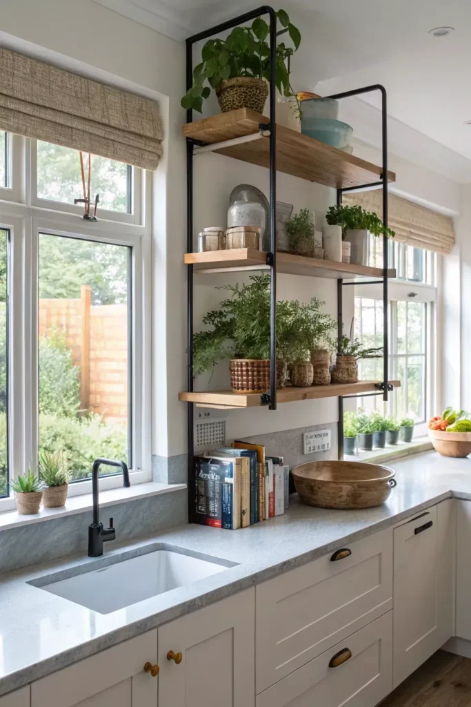 Ceiling-hung black metal open shelving with wooden planks mounted over a kitchen countertop, displaying potted plants, decor, and cookbooks next to a window.