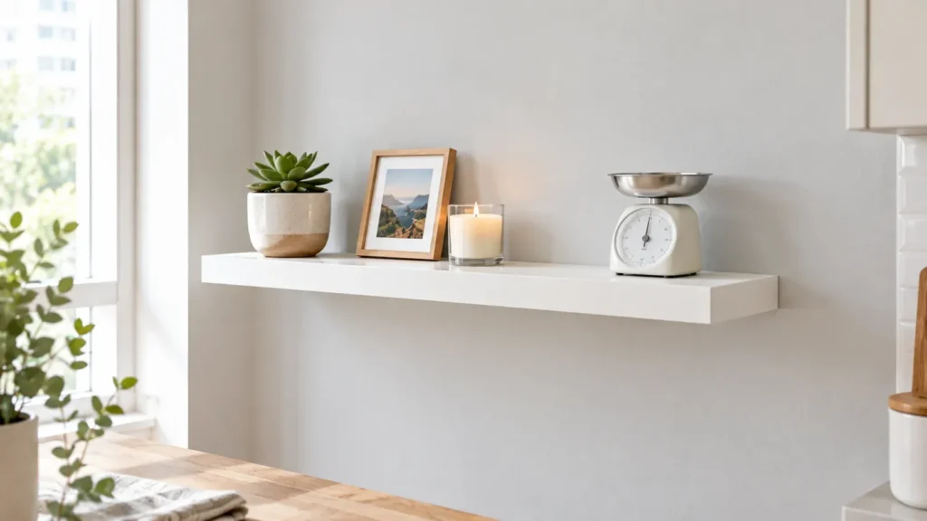 Modern white no-drill floating shelf styled with a potted succulent, framed landscape picture, lit scented candle, and vintage kitchen scale next to a bright window.