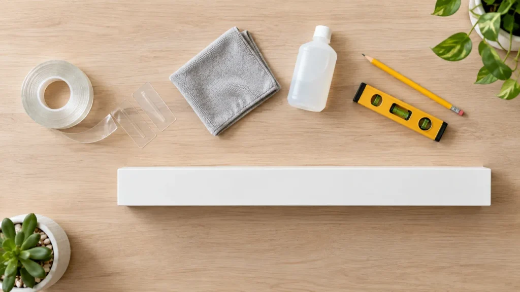 Overhead view of a white no-drill floating shelf on a wooden table, surrounded by installation supplies including double-sided adhesive tape, mounting strips, cleaning cloth, rubbing alcohol bottle, mini bubble level, and a pencil.