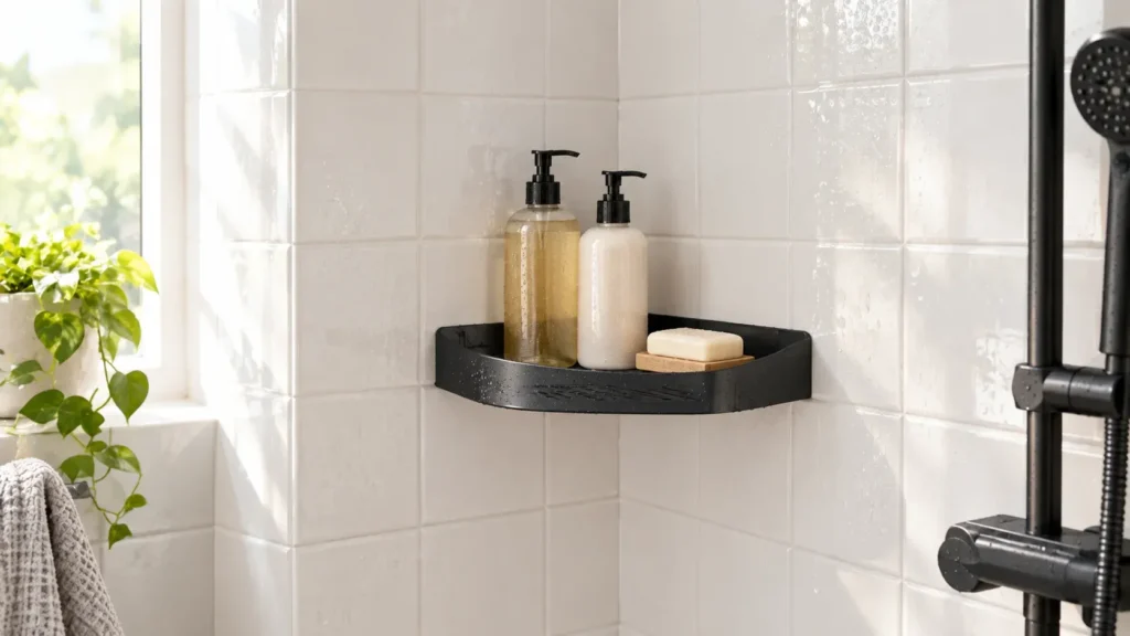 Matte black no-drill corner shelf mounted on white tiled shower walls, holding shampoo and body wash pump bottles and a bar of soap on a wooden dish.