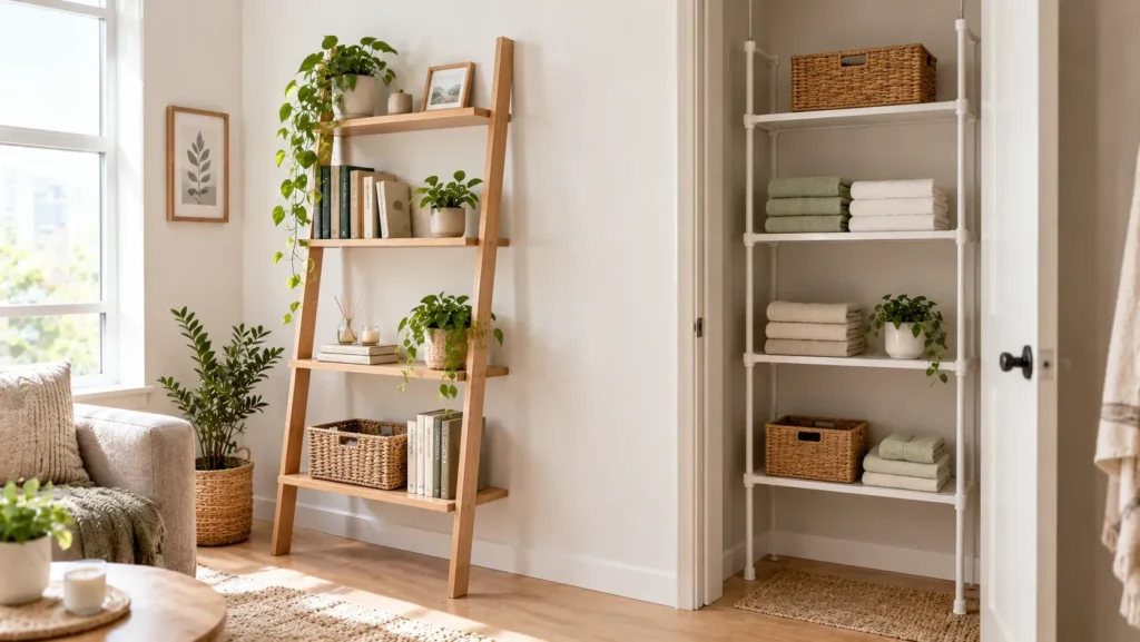 Bright room displaying a wooden freestanding ladder shelf styled with books and potted plants next to an open closet equipped with a floor-to-ceiling white tension rod shelf unit holding towels and woven storage baskets.