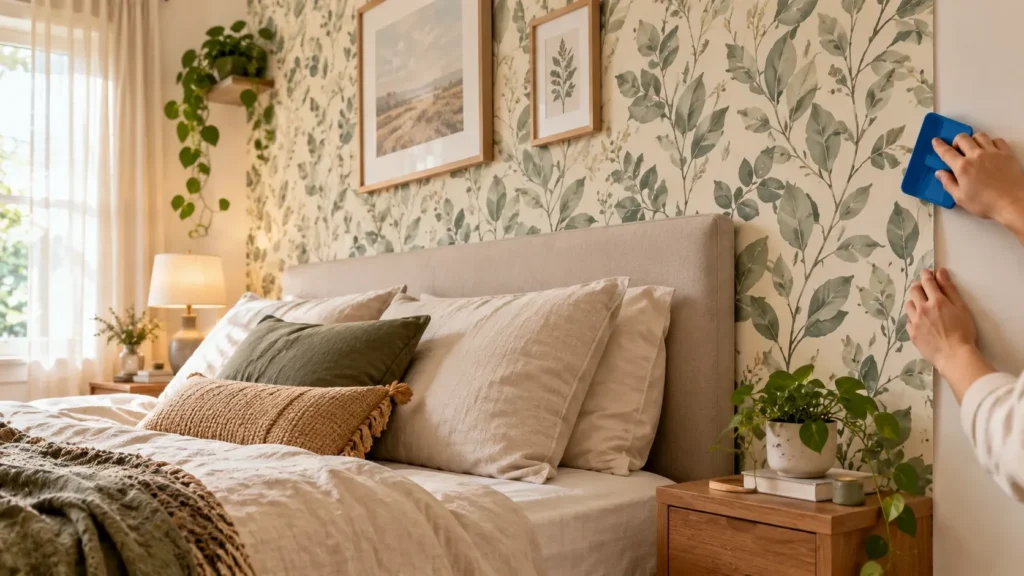 A person using a blue squeegee tool to smooth down peel-and-stick botanical leaf wallpaper on a bedroom accent wall. The room features an upholstered headboard, neutral linen bedding with green and textured throw pillows, wooden nightstands, framed artwork, and lush indoor potted plants.