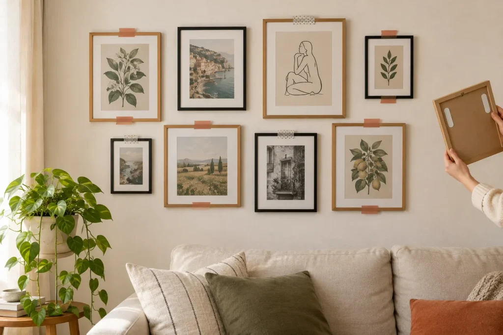 A neutral living room gallery wall above a sofa displaying framed botanical art, landscapes, and line drawings attached with damage-free adhesive strips and accent Washi tape. Hands are shown placing a picture frame with white mounting strips onto the beige wall beside a potted green houseplant.