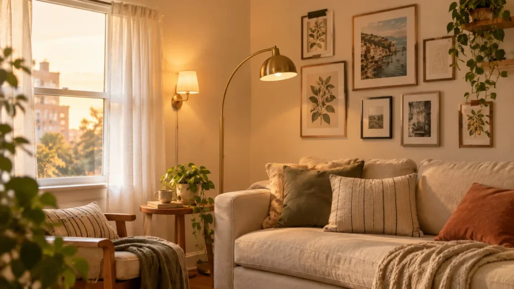 A warmly lit living room corner featuring a beige upholstered sofa with earth-toned throw pillows beside a window with sheer white curtains. A brass arc floor lamp and a wall-mounted sconce illuminate a gallery wall of framed botanical art, while trailing houseplants decorate small wooden side tables.