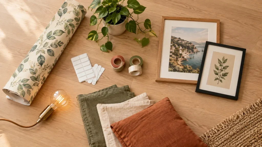 A flat lay arrangement of damage-free home decorating supplies on a light wood floor, including a roll of peel-and-stick botanical wallpaper, adhesive hanging strips, patterned Washi tape, framed art prints, linen fabric swatches in green and terracotta, a small potted houseplant, and an Edison light bulb.