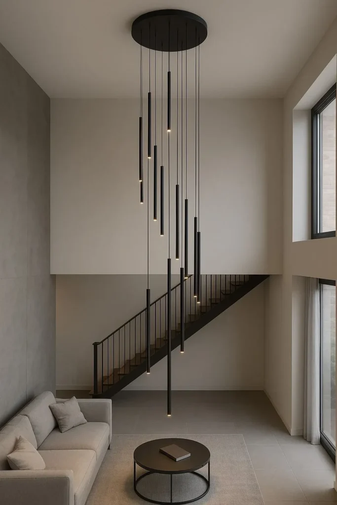 Modern high-ceiling living space featuring a multi-light black tube chandelier cascading over a open-concept staircase landing and cozy lounge seating area.