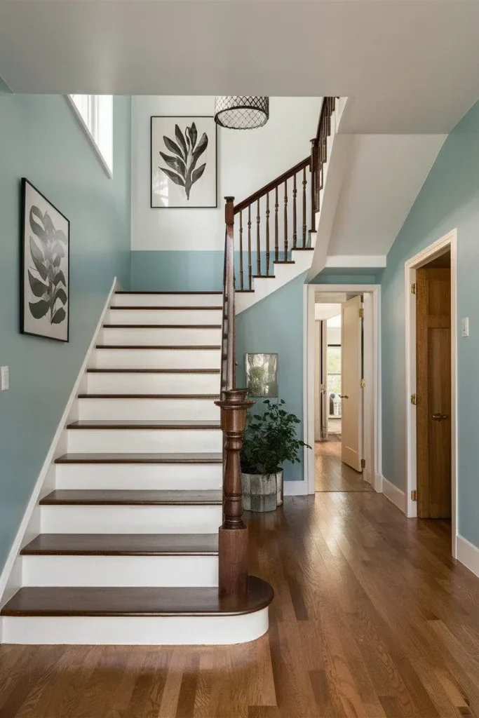 A wooden staircase featuring dark wood treads, white risers, and a classic turned wooden newel post set against soft light blue walls. Framed black-and-white botanical prints hang on the entryway walls, complemented by hardwood flooring, light wood doors, and a potted plant placed near the staircase landing.