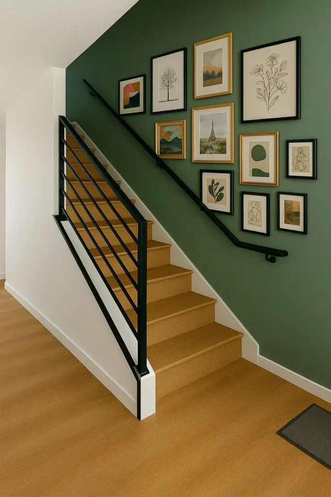 A wooden staircase featuring light wood treads and risers set against a deep olive green accent wall with a modern black metal railing. A curated gallery wall displaying eclectic framed art prints in wood and black frames hangs along the staircase wall.