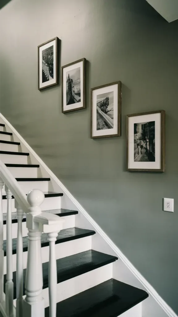A wooden staircase featuring contrast-painted black treads, crisp white risers, and a white wood railing set against a solid muted olive green accent wall. Four wooden frames displaying black-and-white photography art prints hang in a stepped diagonal row along the staircase wall.
