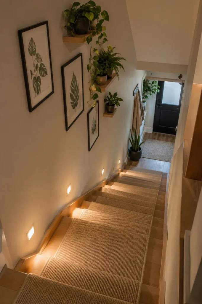 Looking down a narrow wooden staircase with a beige textured carpet runner, featuring square recessed step lights along the wall, framed leaf art prints, floating wooden shelves with cascading potted houseplants, and a view of the front door entryway below.