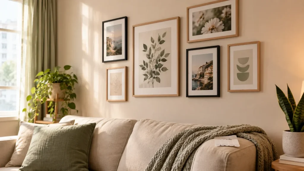 A close-up view of a beige sofa adorned with green and cream throw pillows and a textured knit blanket. Hanging on the warm beige wall above the couch is a curated gallery wall featuring botanical leaf prints, coastal landscape photos, floral artwork, and abstract geometric designs in wood and black frames. Natural light streams in from a nearby window, with potted houseplants adding to the serene, cozy decor.