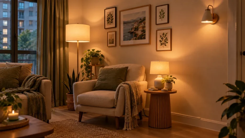 A cozy living room reading corner at dusk lit by warm ambient lamps. A plush cream armchair features a dark green accent pillow and a soft throw blanket draped over its arm. Beside it sits a fluted wooden side table with a glowing table lamp, while a tall floor lamp and wall sconce illuminate a framed gallery wall of botanical art and coastal landscapes above. Green curtains frame a window in the background alongside potted houseplants.