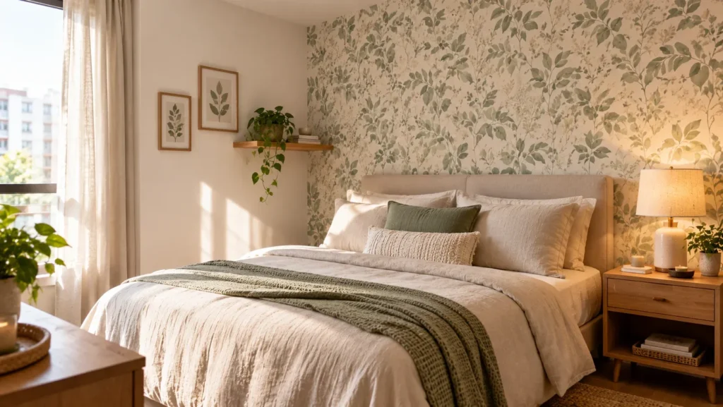 A brightly lit bedroom featuring a bed dressed in beige linen bedding, layered with a olive green accent pillow, a long textured lumbar pillow, and a folded waffle-knit green throw blanket. Behind the beige upholstered headboard is an accent wall with a delicate green leaf pattern wallpaper. To the side, a wooden nightstand holds a ceramic table lamp emitting warm light next to a small potted plant, while natural light streams in from a sheer curtained window. Small botanical art prints and a floating shelf with a trailing vine complete the wall decor.
