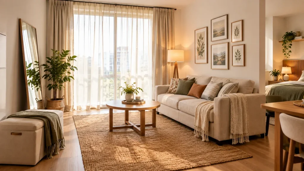 A bright studio apartment living area bathed in golden sunlight filtering through sheer cream drapes over floor-to-ceiling windows. A beige fabric sofa is styled with patterned and solid throw pillows in olive green, terracotta, and gray, alongside a fringed throw blanket. A round wooden coffee table rests on a large woven jute rug, with a botanical gallery wall displayed above the couch. Additional elements include a wooden full-length standing mirror, an ottoman bench, a tall floor lamp, and leafy potted plants, with a glimpse into an adjoining bedroom area.