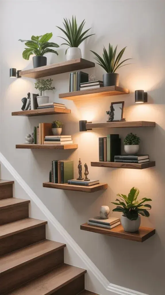 A wooden staircase wall lined with staggered floating wood shelves displaying books, small sculptures, and potted plants, accented with warm black wall sconces.