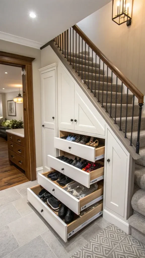 A carpeted staircase featuring custom white built-in under-stair storage cabinets with multiple open pull-out wooden drawers storing shoes neatly organized.
