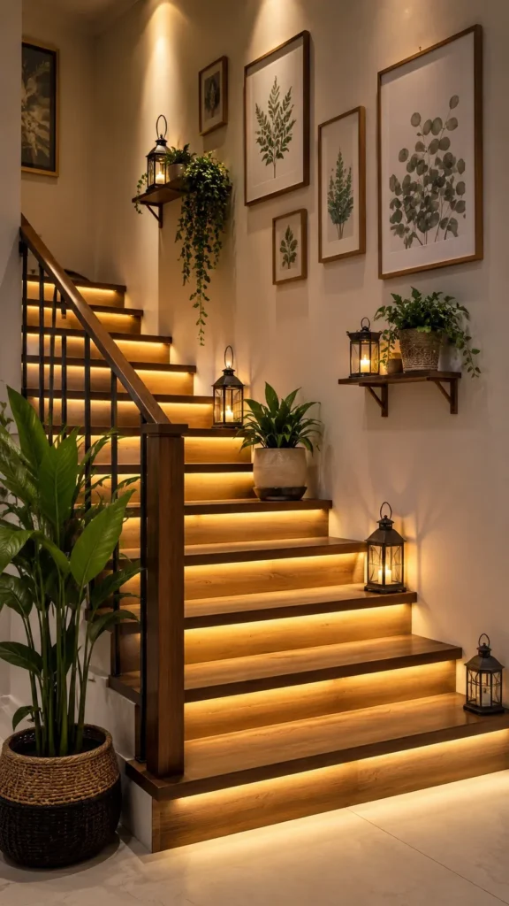 A wooden indoor staircase illuminated with warm LED under-step riser lights, decorated with lanterns, potted greenery, small floating wall shelves, and framed botanical prints.