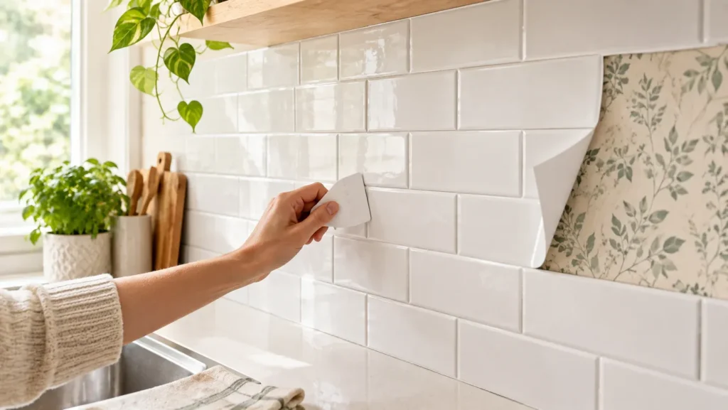 A close-up view of a person using a plastic smoothing tool to press down a white peel-and-stick subway tile decal onto a kitchen backsplash. One corner of the sheet is peeled back, revealing a botanical leaf-patterned wall underneath. In the background, a sunny window illuminates a countertop arranged with wooden cutting boards, utensils, and potted green plants.
