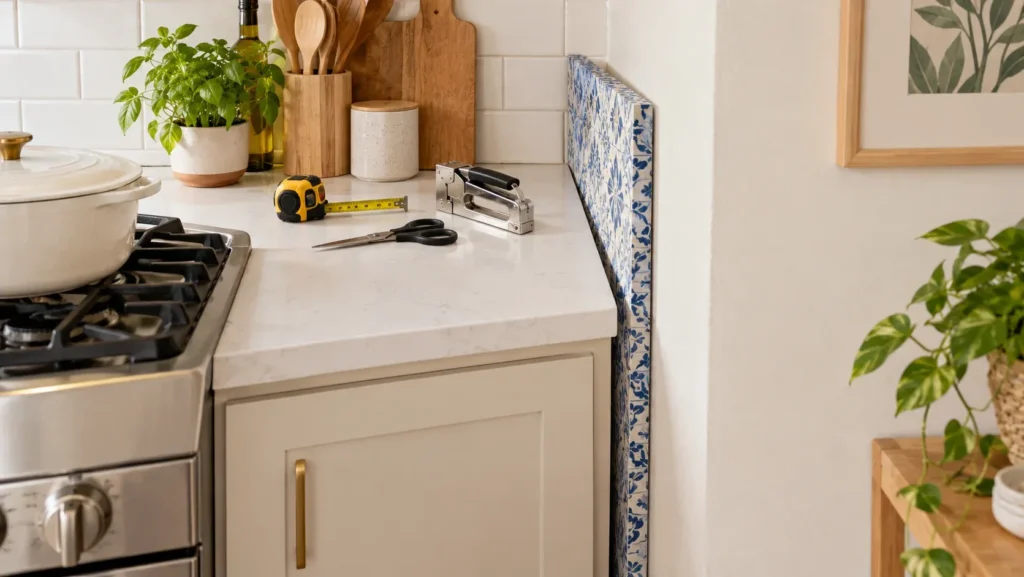 A kitchen countertop featuring DIY installation tools—a tape measure, scissors, and a staple gun—set alongside a Dutch oven, fresh potted basil, and wooden kitchen utensils. A custom light blue and white patterned tile board is positioned against the wall next to the cabinet, offering a removable, renter-friendly backsplash solution.