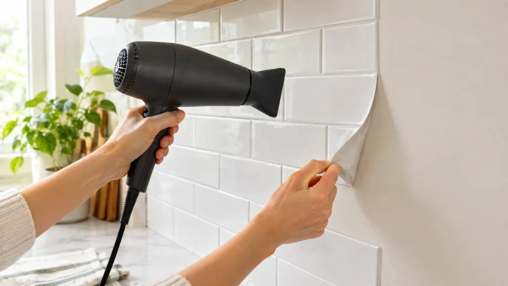 A close-up view of a person using a black hair dryer to heat and loosen the adhesive of a white peel-and-stick subway tile decal while gently peeling the sheet away from a kitchen wall. In the background, soft natural light illuminates a kitchen countertop with potted green plants and wooden cutting boards.