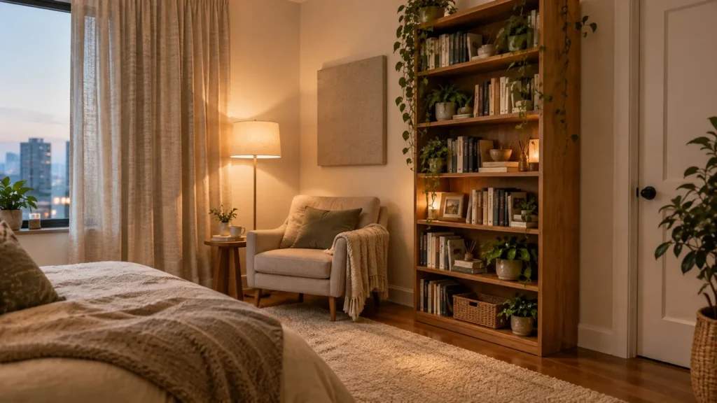 A cozy bedroom corner at dusk featuring a comfortable beige armchair with a throw blanket, illuminated by a warm floor lamp beside a tall wooden bookshelf filled with books and potted plants.