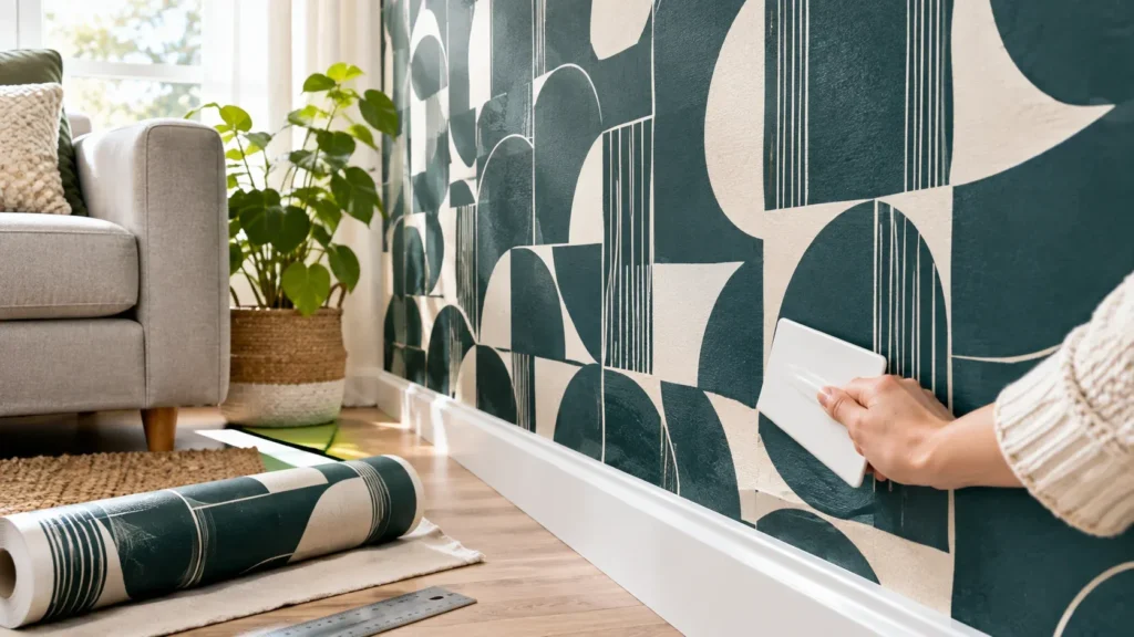 A person’s hand using a white plastic smoother tool to press a dark green and cream bold geometric wallpaper flat against a wall near the baseboard, with an unrolled wallpaper roll resting on the floor.