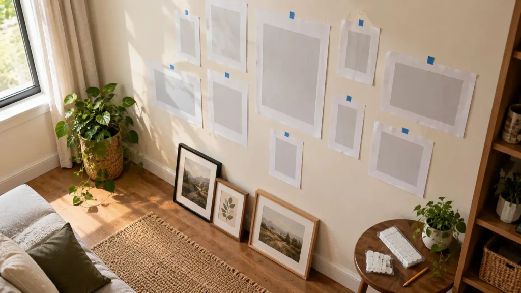Paper templates taped to a beige wall with painter's tape to plan a gallery wall layout, with framed art prints resting on the wooden floor and picture hanging strips prepared on a small side table.