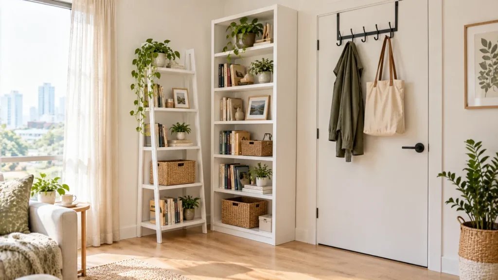 A sunlit apartment entryway featuring white ladder and tall bookcase shelving units styled with books and potted plants, alongside a white door equipped with an over-the-door coat rack holding a jacket and tote bag.