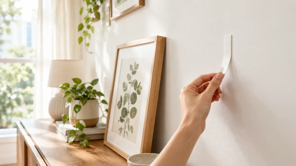 Hand removing an adhesive strip from a painted wall, showing damage free decorating done right.