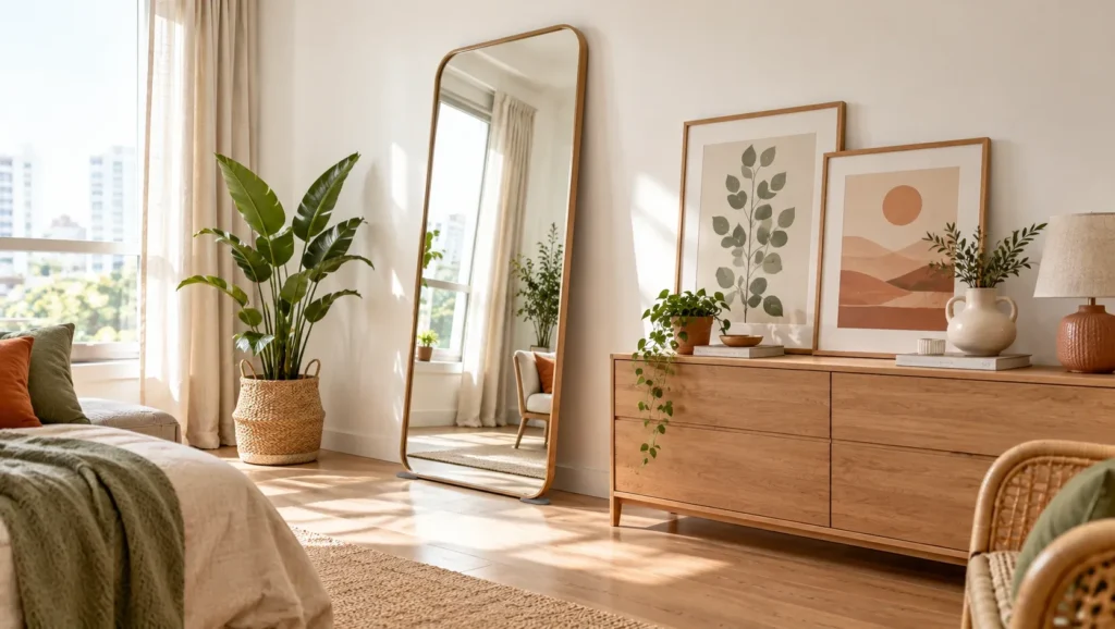 Large mirror and framed art leaning against a rental wall as a way to hang art without nails.