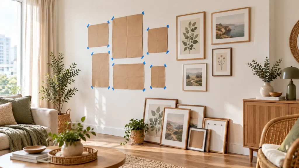Renter-friendly gallery wall layout planned with paper templates and picture hanging strips.