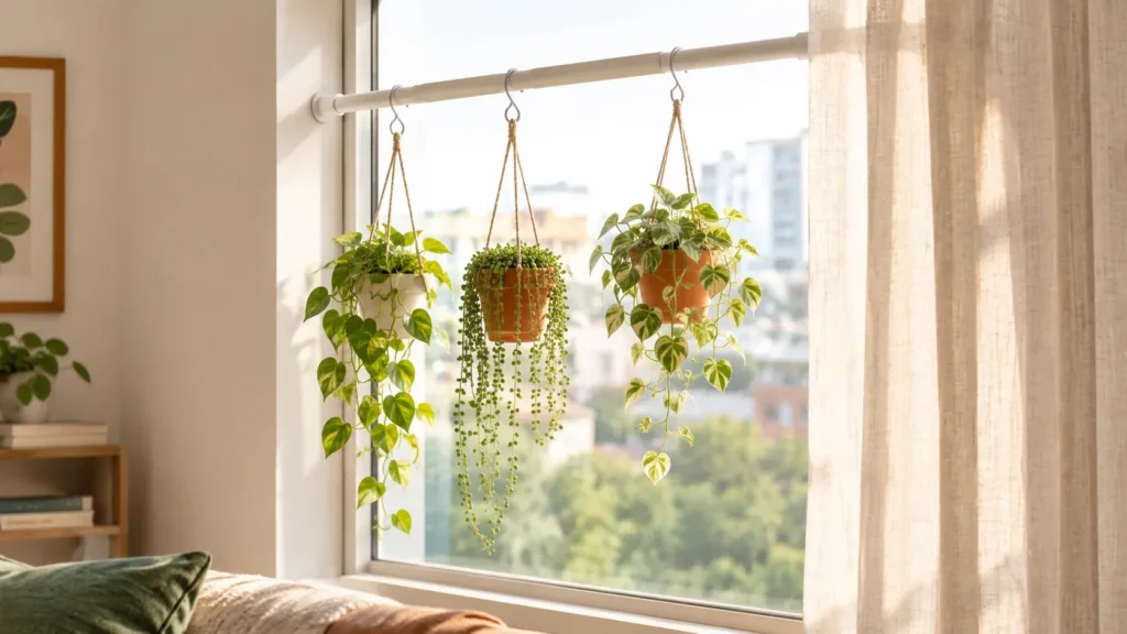 Tension rod holding hanging plants in a window, a no-hole idea for damage free decorating.