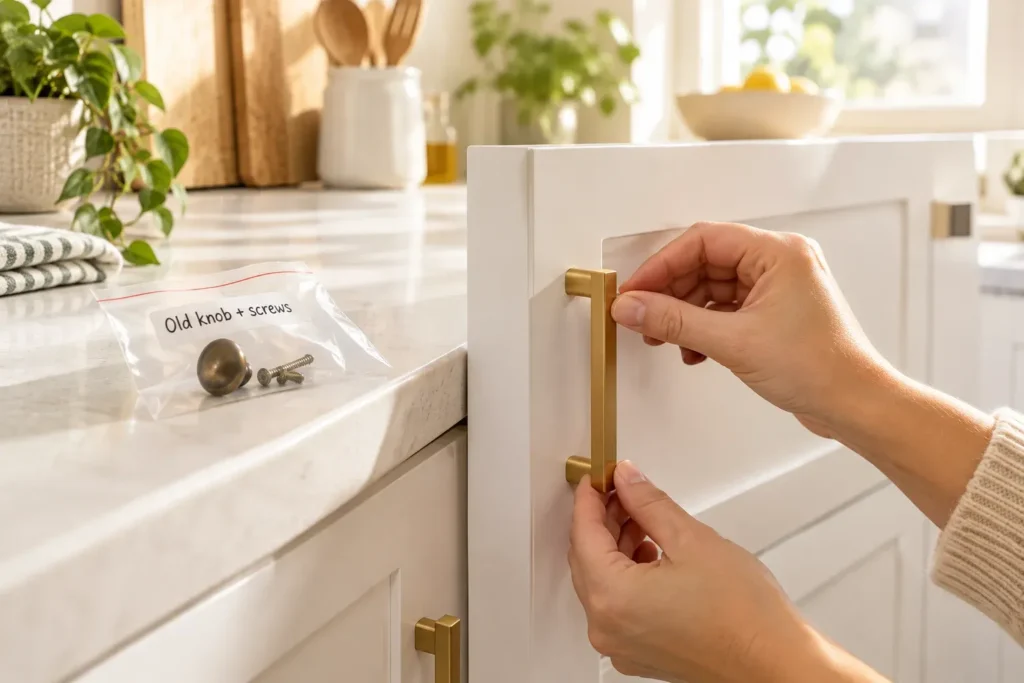 A person replacing a kitchen cabinet handle with a modern brass pull, while the original knob and screws are neatly stored in a labeled plastic bag nearby.
