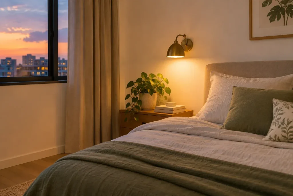 Plug-in wall sconce beside a bed, a reversible rental lighting upgrade.