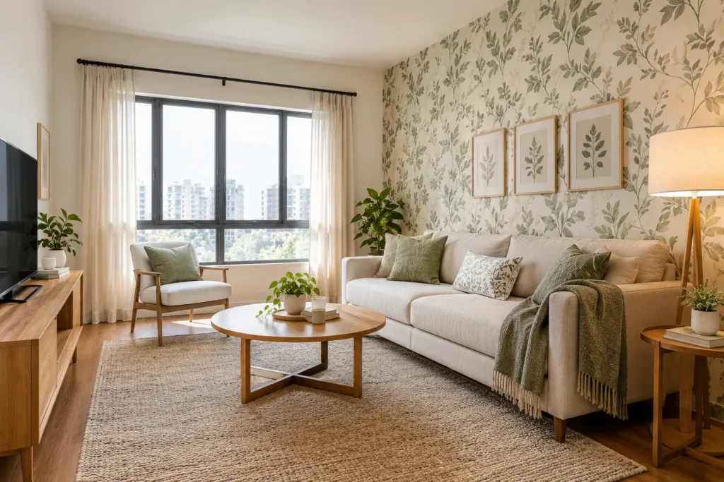 Peel-and-stick wallpaper accent wall in a rental living room, a removable upgrade that protects your security deposit.