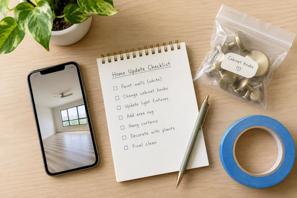 Move-out checklist, labeled hardware, and phone photos used to protect a security deposit after landlord friendly upgrades