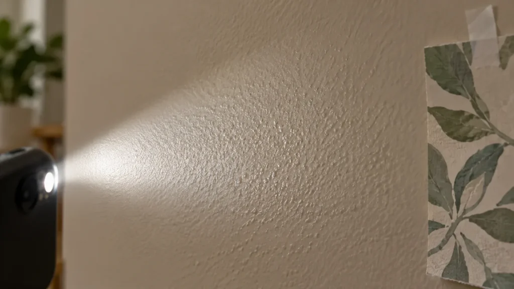 A flashlight beam shines across a textured, painted wall to inspect its surface bumpiness before applying removable wallpaper. Using a side light source highlights texture depth, helping determine if a surface is smooth enough for peel-and-stick wallpaper to adhere properly without bubbling or peeling off. A botanical wallpaper sample is taped nearby for prep and testing.