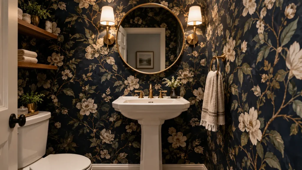 A cozy powder room with dark navy floral wallpaper, a white pedestal sink with brass fixtures, a round gold mirror flanked by warm wall sconces, floating wooden shelves, and a hand towel on a brass ring.