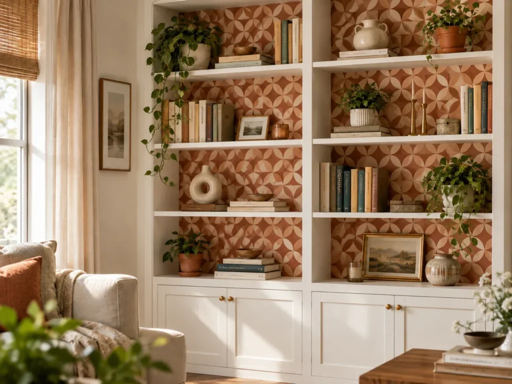 White built-in shelving unit with a terracotta geometric pattern removable wallpaper backing, styled with books, ceramic vases, potted trailing plants, and framed artwork.