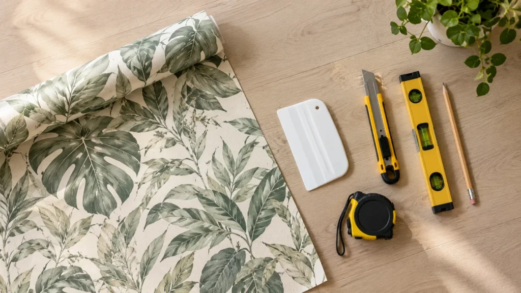 Flat lay of an unrolled roll of botanical leaf print wallpaper alongside installation tools—a white smoother squeegee, utility knife, yellow level, tape measure, and pencil—on a light wood floor.