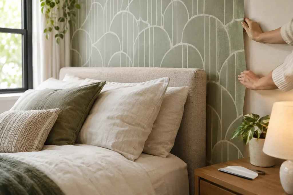 Hand smoothing peel-and-stick wallpaper on a bedroom accent wall.