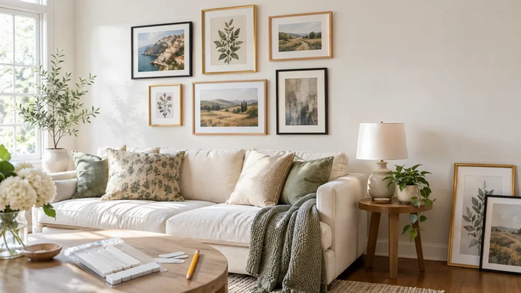 Gallery wall of framed prints hung with Command strips in a renter-friendly living room.