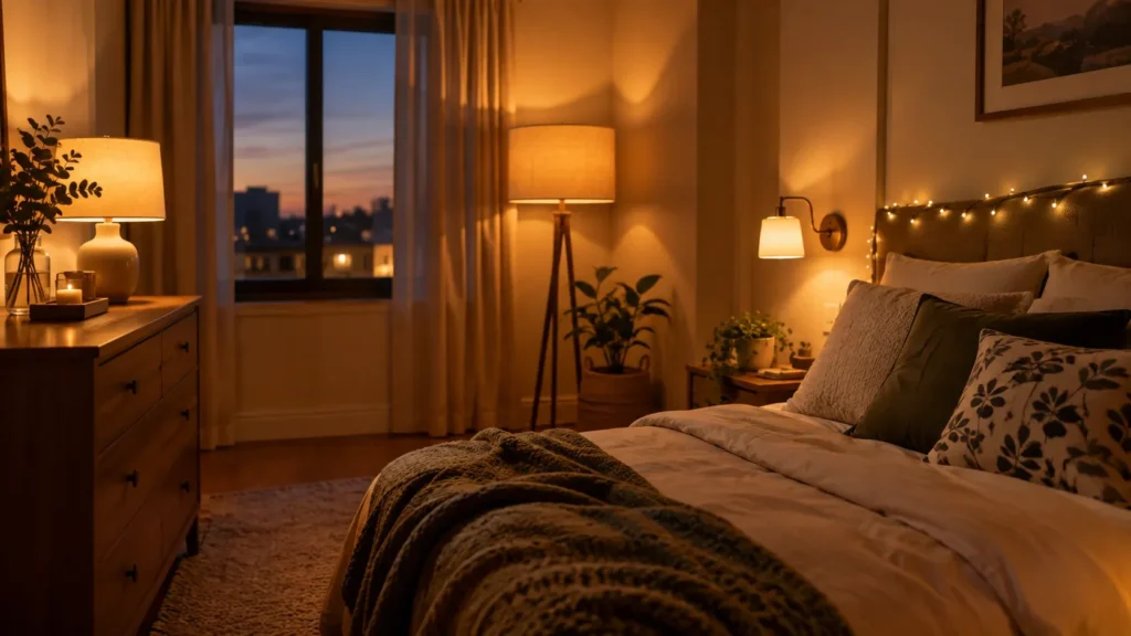 Floor lamp, table lamp, and plug-in sconce adding warm portable lighting to a rental bedroom.
