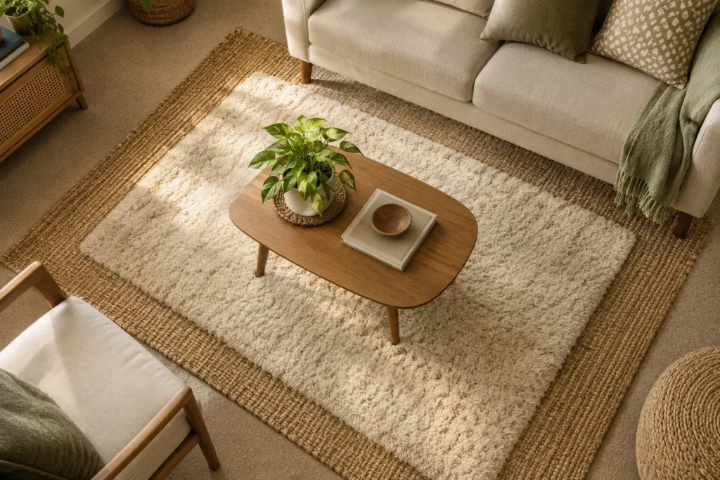Layered area rugs covering old carpet, a simple temporary home decor flooring fix.