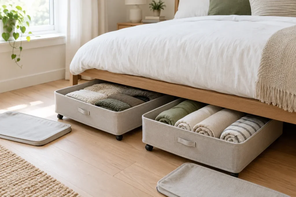 Wheeled under-bed storage bins pulled out from a low bed, an easy tiny apartment storage fix for a studio.