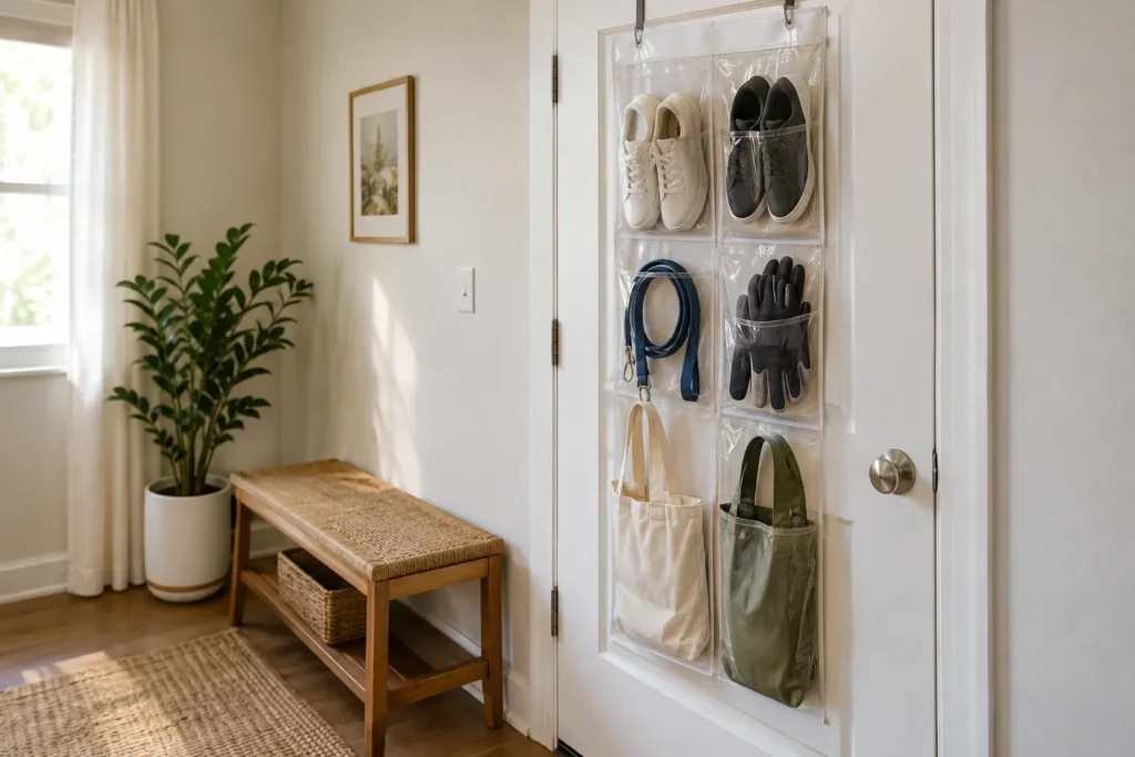 Over-the-door organizer holding shoes and cleaning supplies in a small rental apartment.